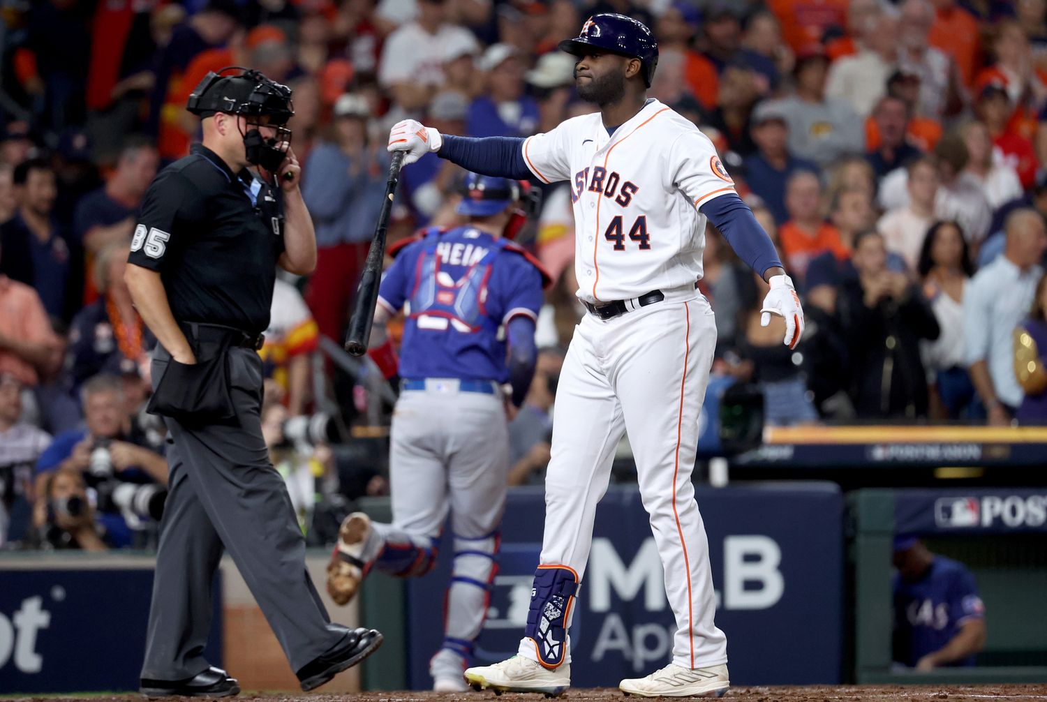 Houston Astros designated hitter Yordan Alvarez reacts after one of three strikeouts during Game 1 of the ALCS against the Texas Rangers Sunday at Minute Maid Park.